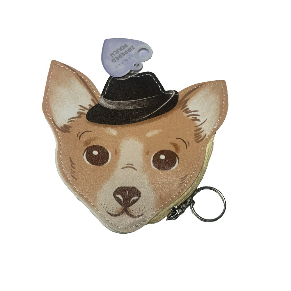 Molly & Rex Dog Keychain Zipper Pouch Novelty Dog in Fedora Hat 5x5